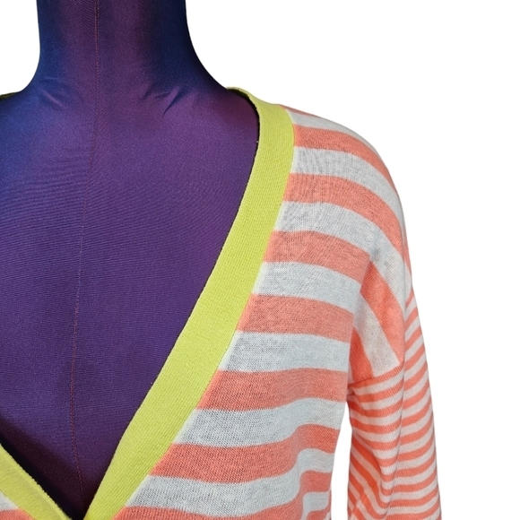 JCP White & Salmon Striped Linen Blend Button Front Cardigan Size Small - Picture 2 of 9
